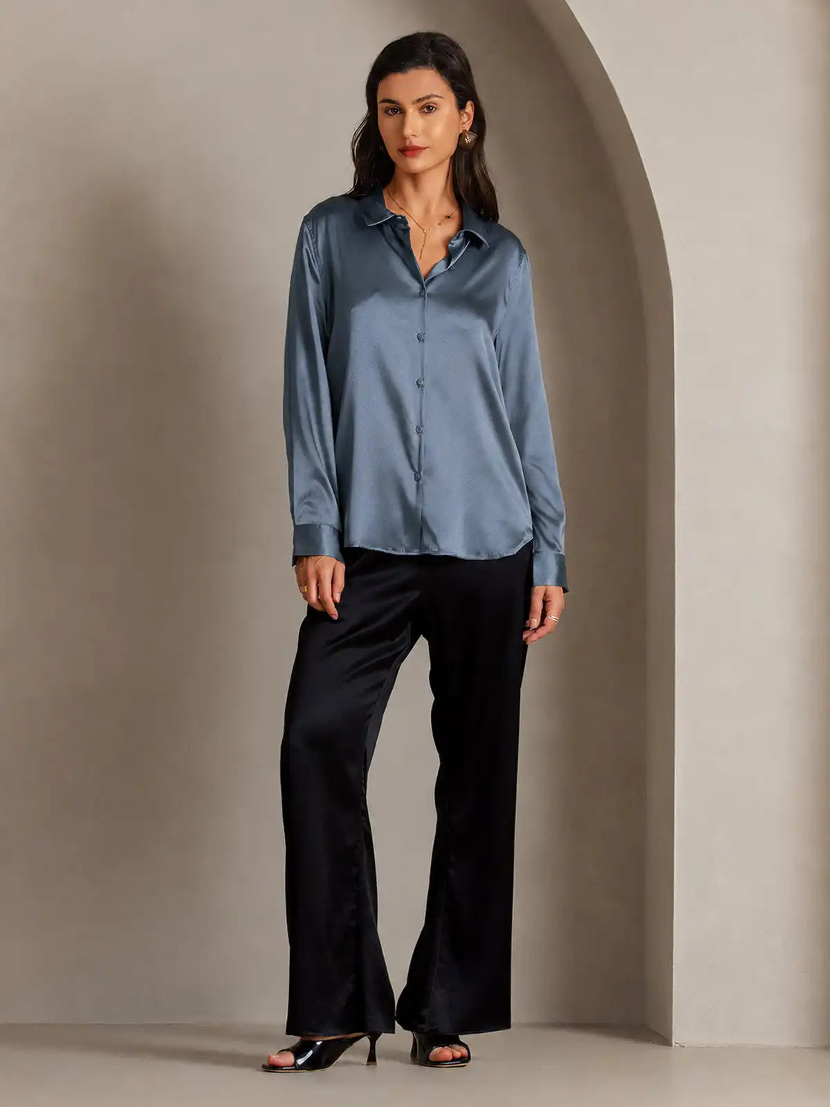 19Momme Silk Long Sleeve Lapel Collar Women's Shirt with Button Up Design