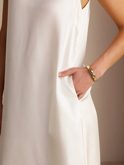100% Mulberry Silk Crew Neck  Sleeveless Self-Tie Midi Dress