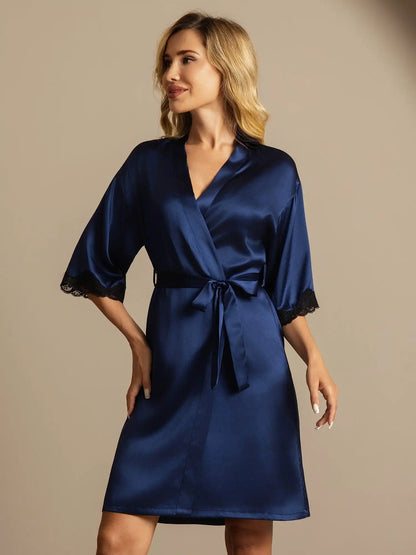 100% Mulberry Silk Basic Women's Robe with Lace Design