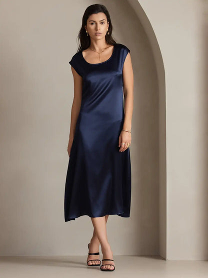 Clearance - 19Momme Silk Round Neck Cap Sleeve Midi Dress