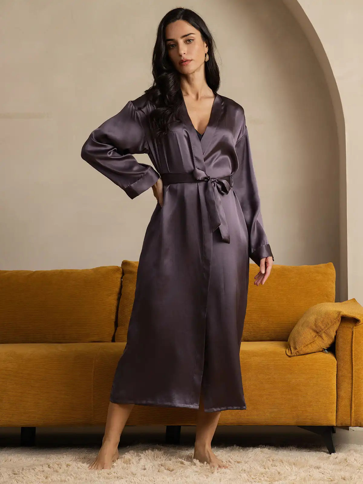 Women's 100% Mulberry Silk Long Sleeve Midi Wrap Robe