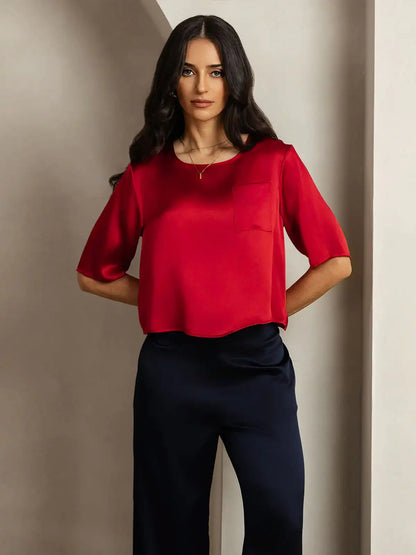 100% Mulberry Silk Women's Blouse Short Sleeve Boxy Crop Top