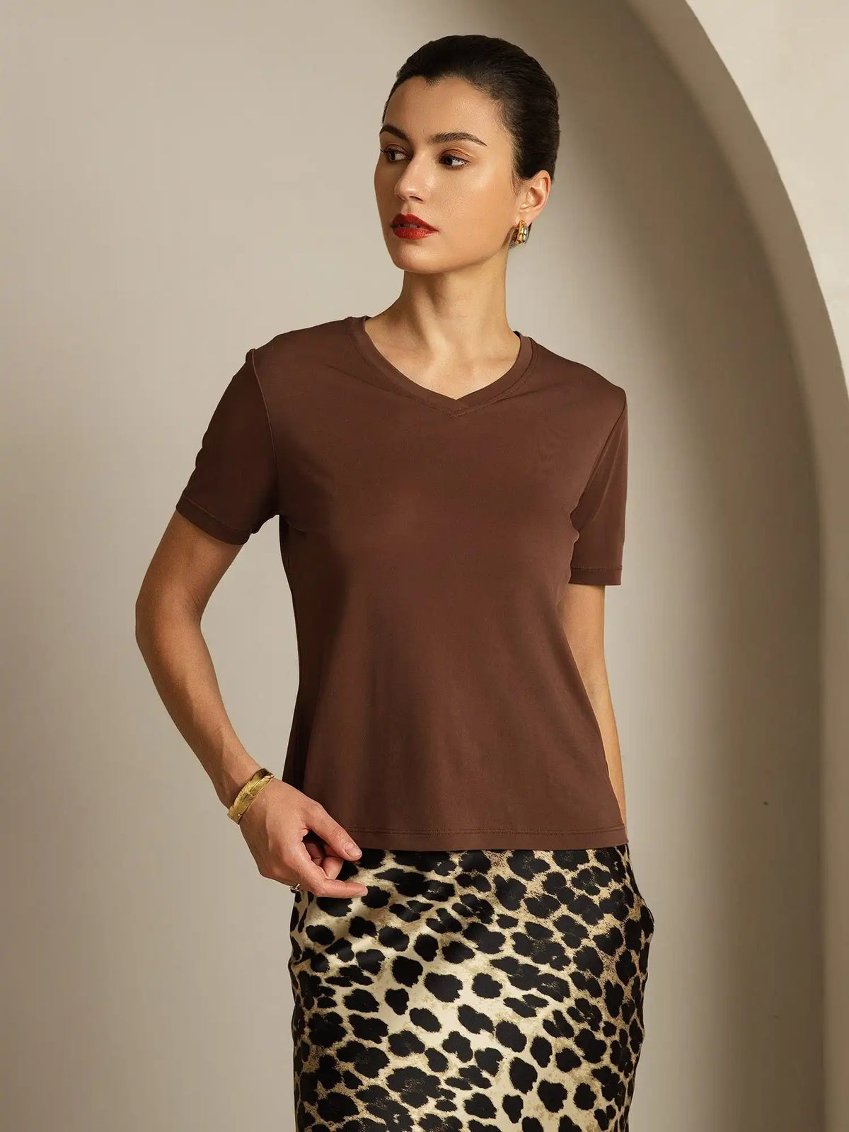 Clearance - 100% Mulberry Silk V Neck Short-Sleeve Snag-Resistant Women's T-Shirt