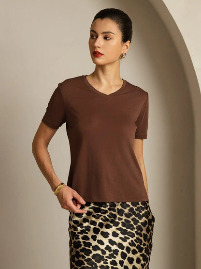 Clearance - 100% Mulberry Silk V Neck Short-Sleeve Snag-Resistant Women's T-Shirt