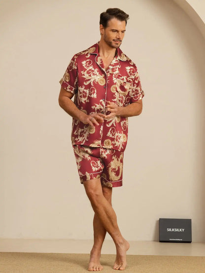 100% Mulberry Silk Men's Dragon Print  Short Sleeve Lapel Collar Pajamas Set