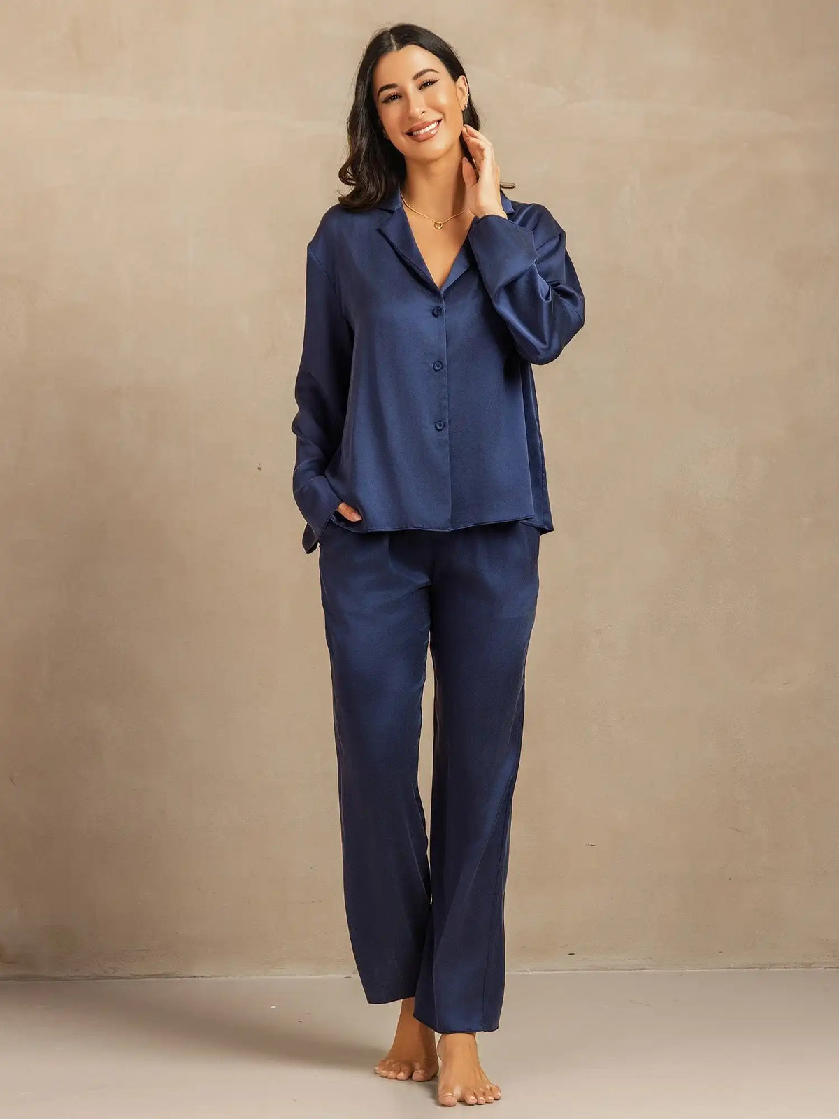 Clearance - 19Momme Washable Silk Long Sleeve Notch Collar Women's Pajamas Set
