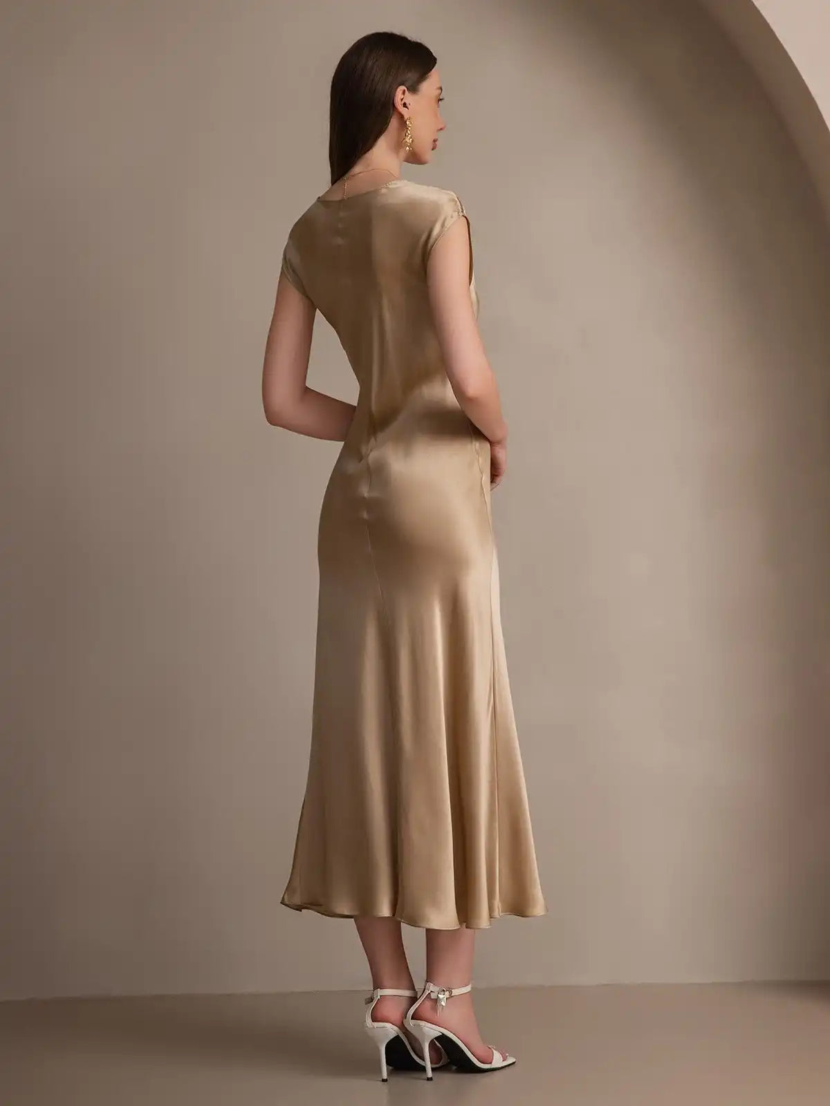 19Momme Silk Cap Sleeve Round Neck Midi Dress