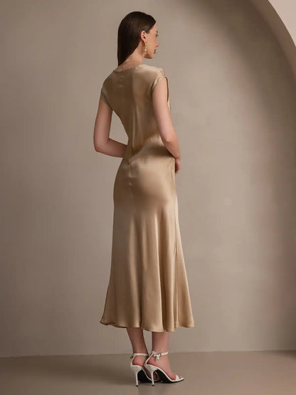 19Momme Silk Cap Sleeve Round Neck Midi Dress