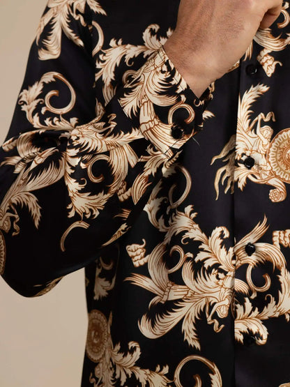 Pure Silk Men's Long Sleeve Lapel Collar Dragon Print Shirt