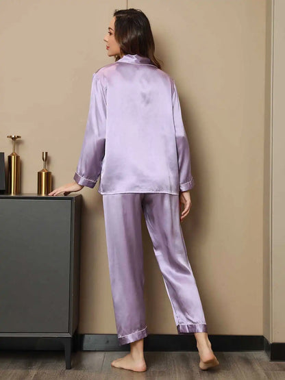 Clearance - Women's 100% Mulberry Silk Long Sleeve Lapel Collar Pajamas Set