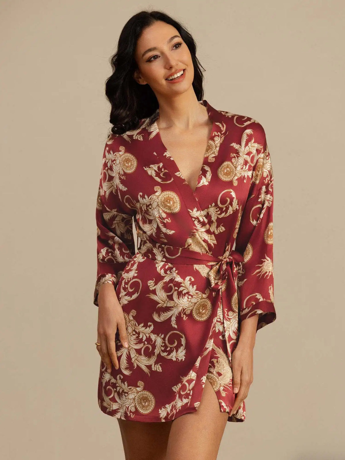 100% Mulberry Silk Dragon Print 3/4 Sleeve Women's Kimono Robe With Belt