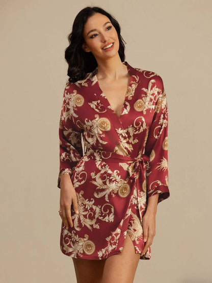 100% Mulberry Silk Dragon Print 3/4 Sleeve Women's Kimono Robe With Belt
