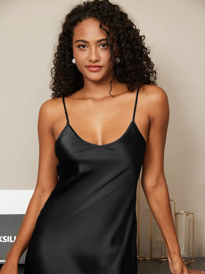 Women's 100% Mulberry Silk Spaghetti Strap V-neck Midi Nightgown