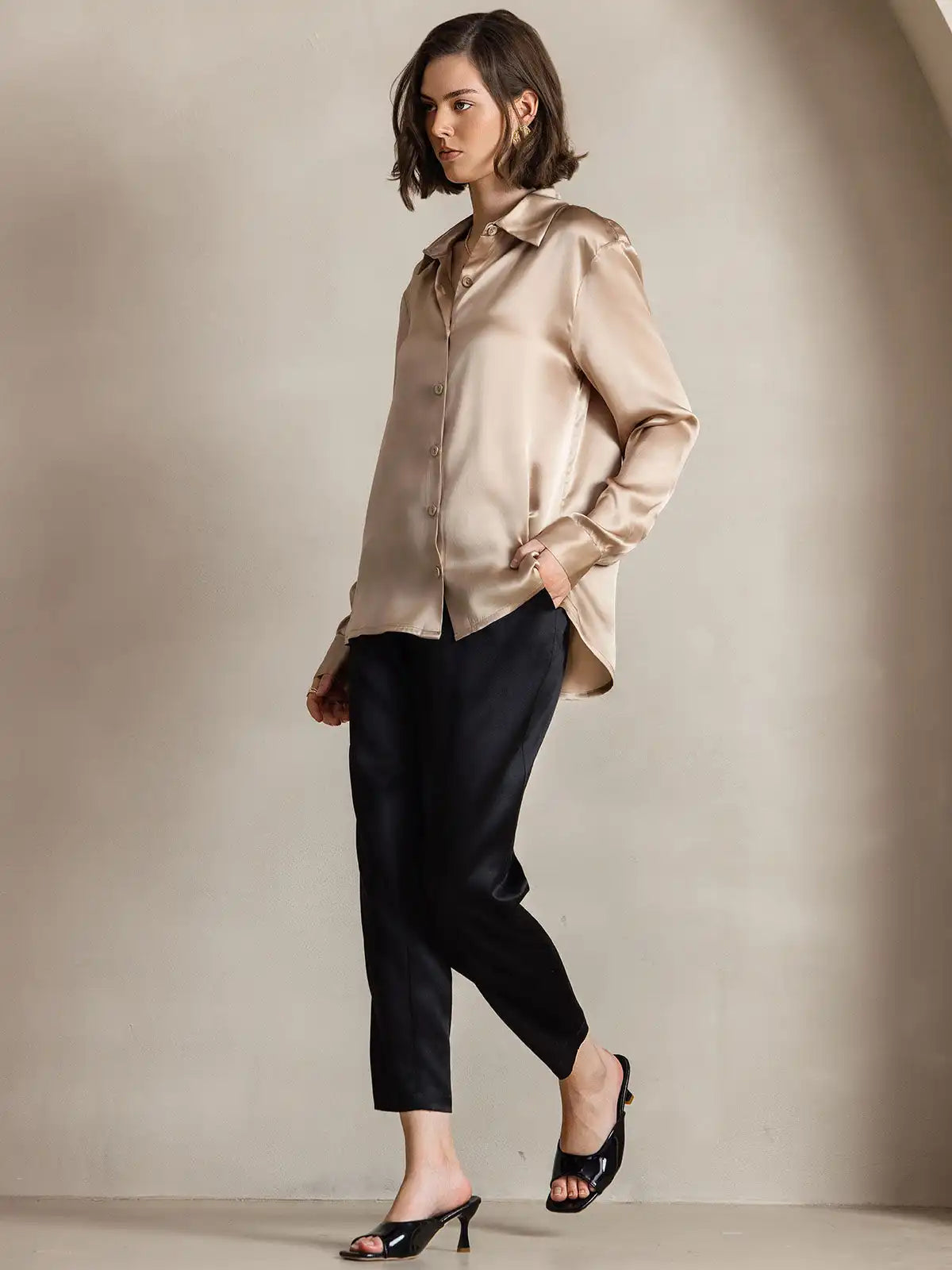 19Momme Silk Long Sleeve Lapel Collar Women's Shirt