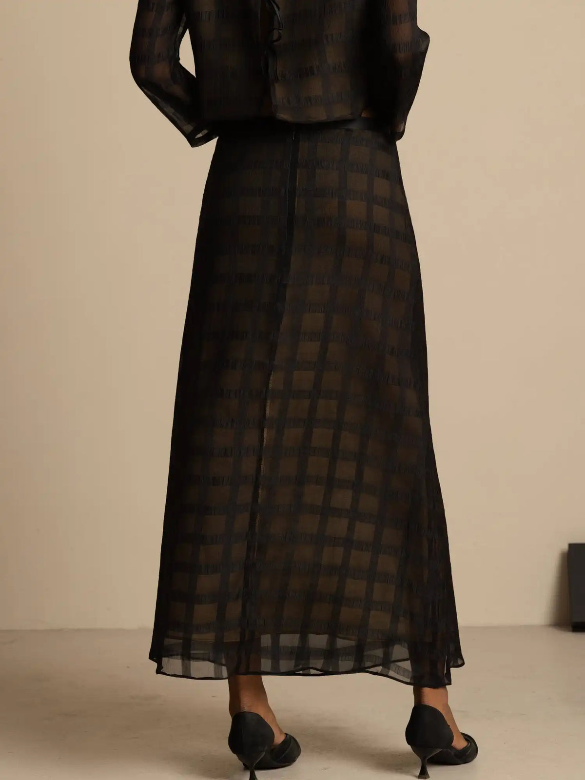 Clearance - 100% Mulberry Silk High-Waist A-Line Textured Grid Long Skirt With Back Zipper