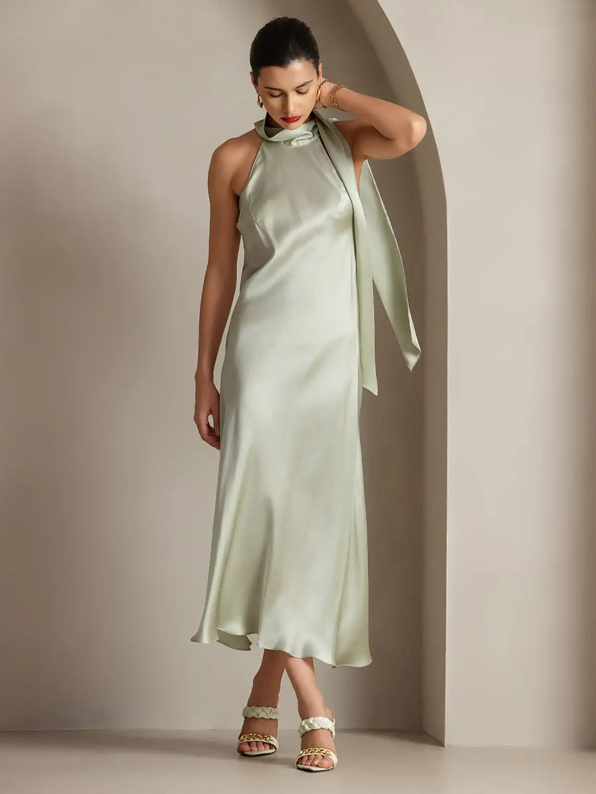 19Momme Silk Sleeveless Tie Neck Midi Dress