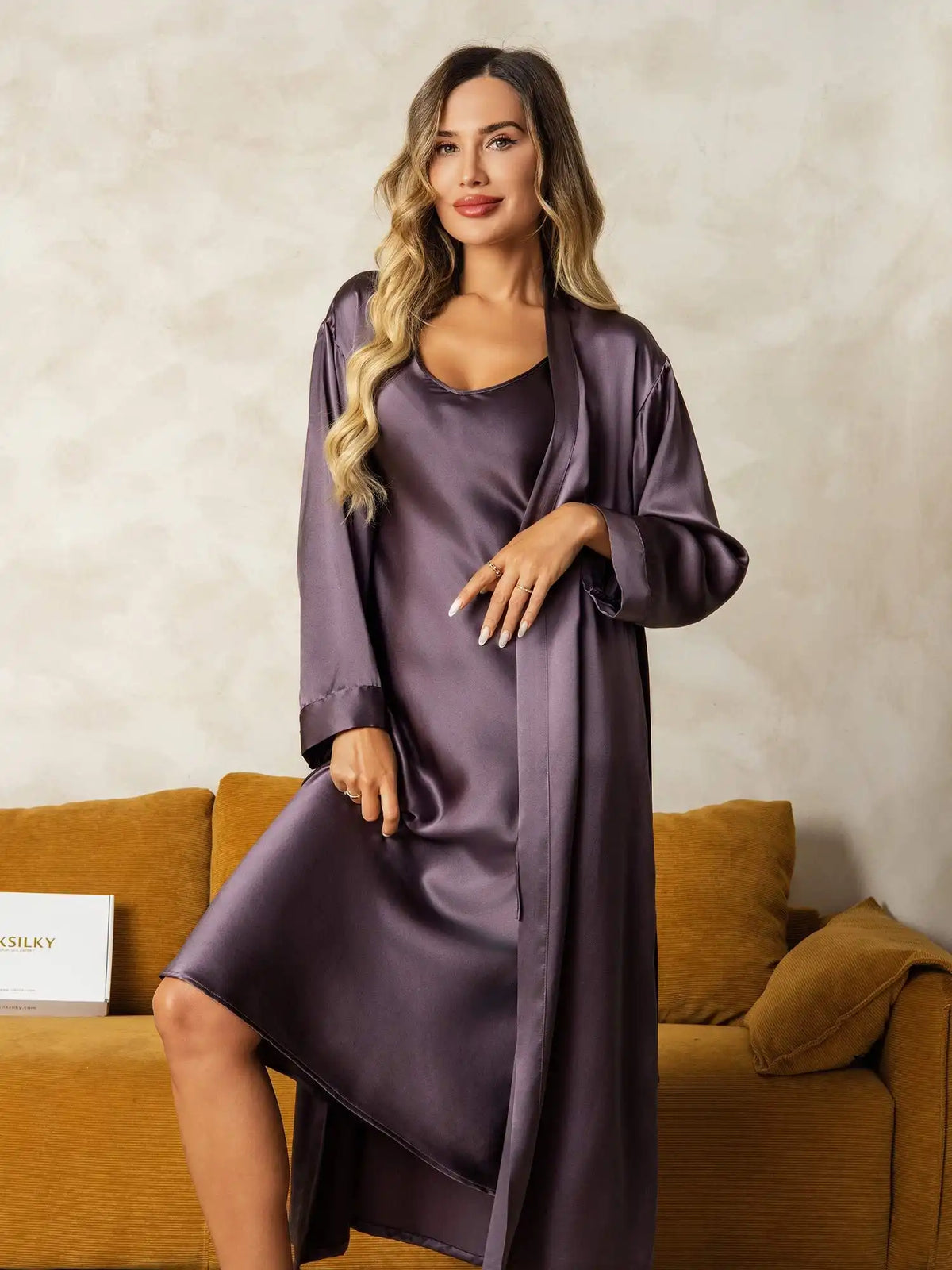 100% Mulberry Silk V-Neck Midi Nightgown & Robe Set 2Pcs
