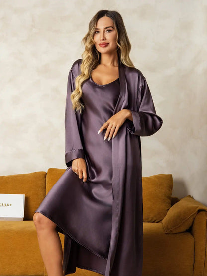 100% Mulberry Silk V-Neck Midi Nightgown & Robe Set 2Pcs