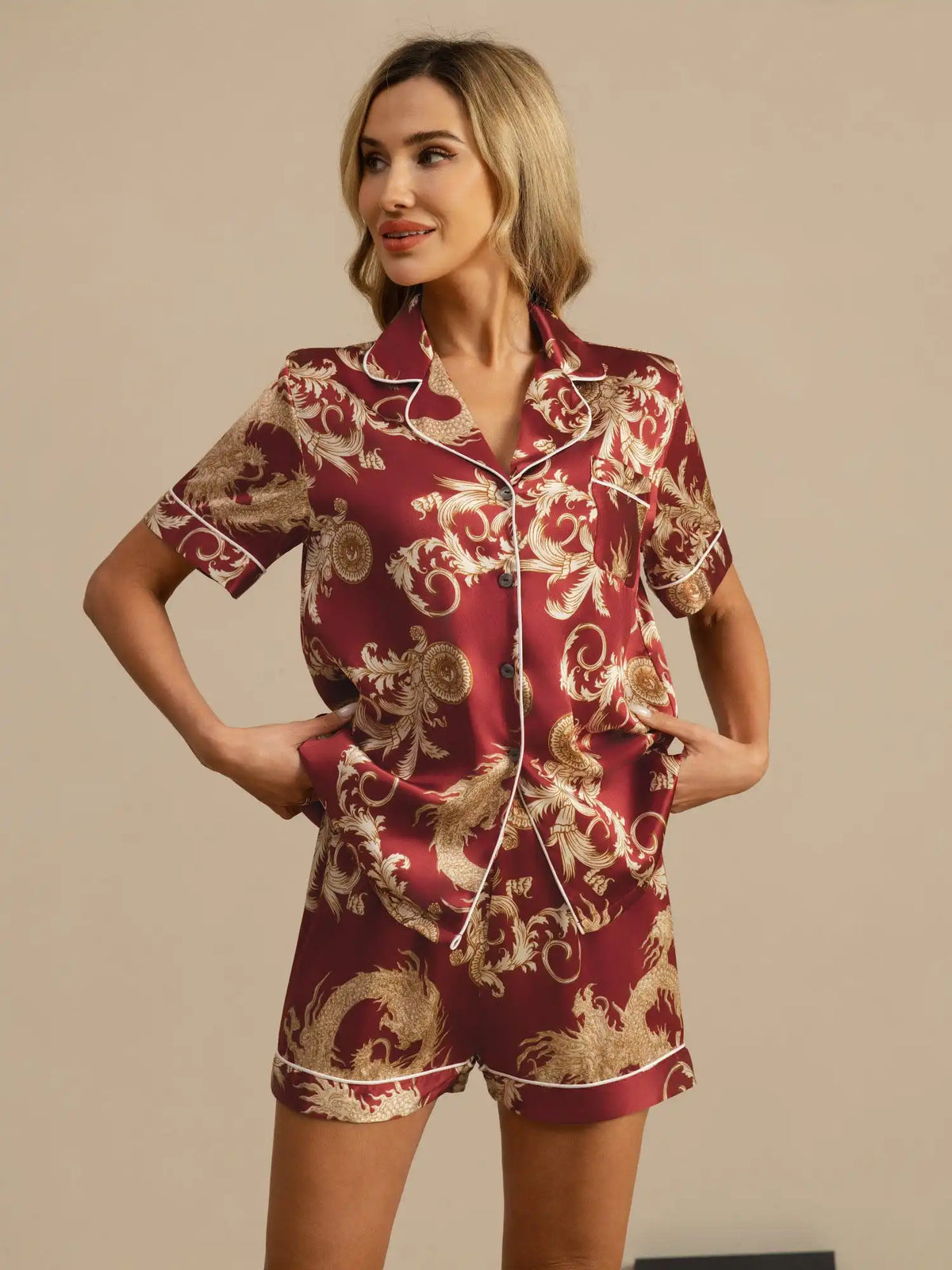 Women's 100% Mulberry Silk Dragon Print Short Sleeve Notch Collar Pajamas Set With Shorts