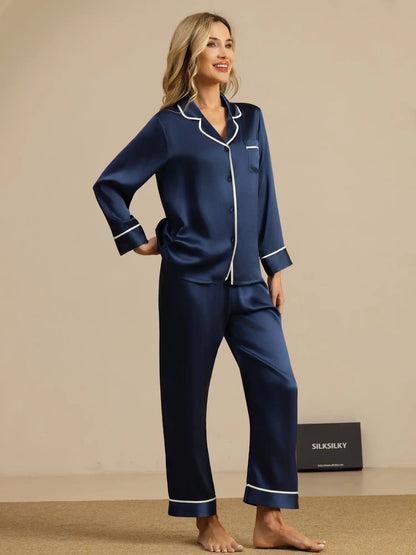 100% Mulberry Silk Classic Long Sleeve Pajama Set with Contrast Piping