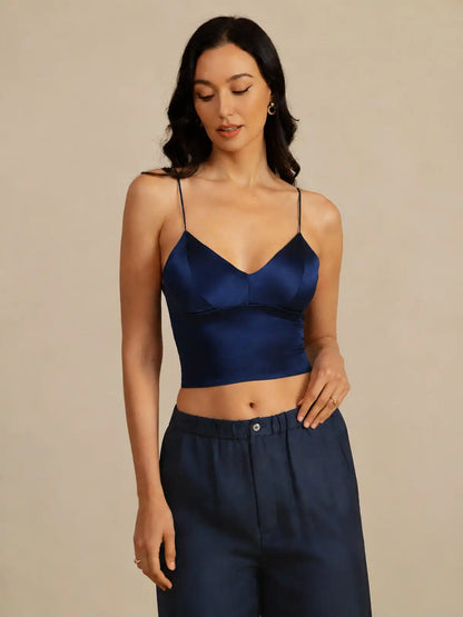 19Momme Silk Crop Top Spaghetti Strap V Neck Camisoles with Built-in Bra