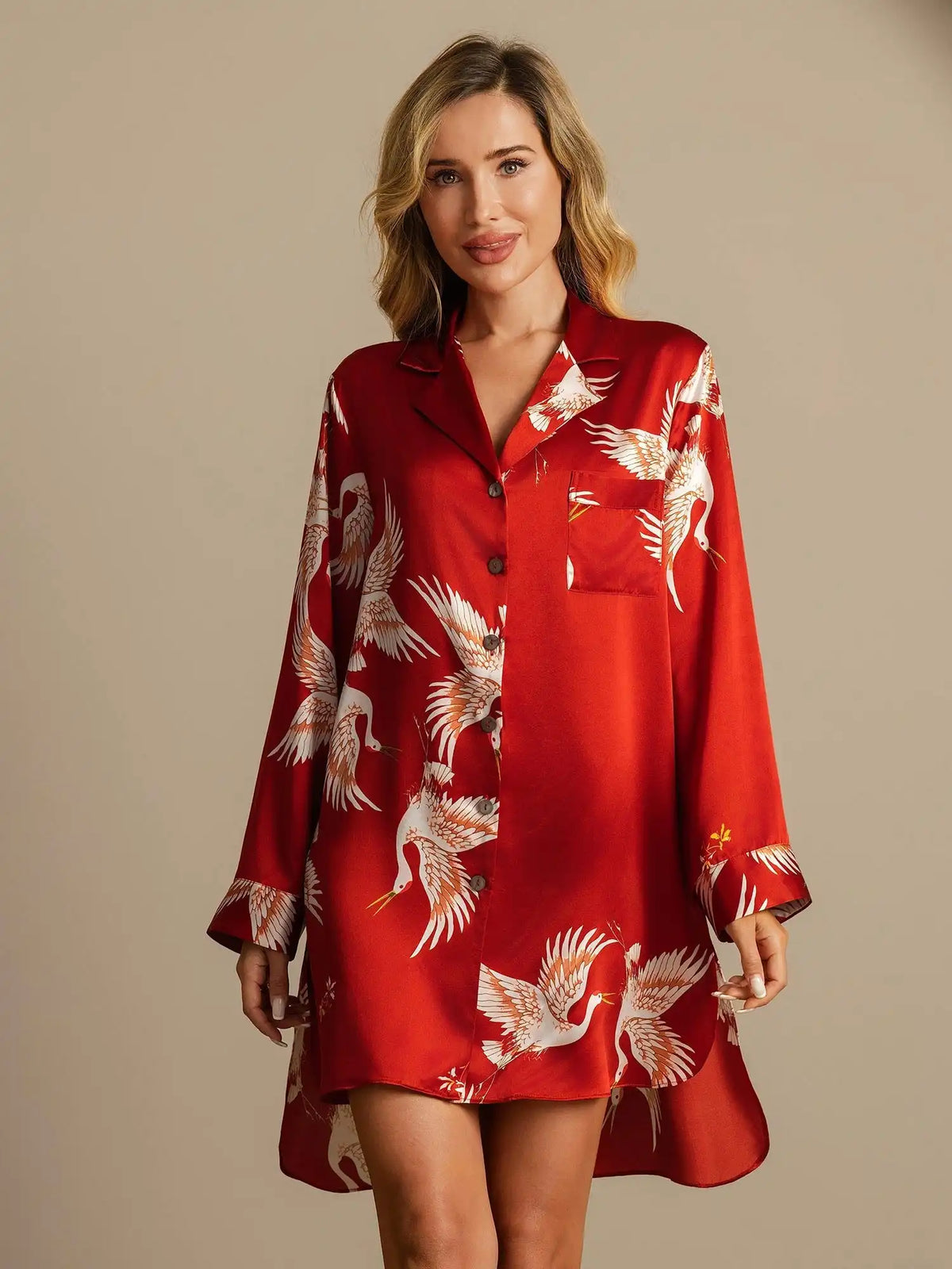 19Momme 100% Mulberry Silk Crane Print Nightshirt with High-Low Hem