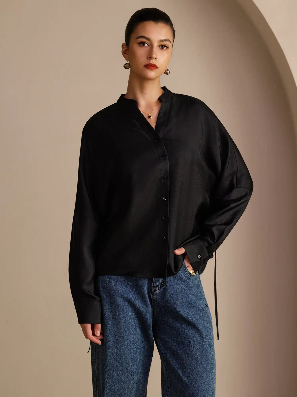 100% Mulberry Silk Women’s Split Neck Long Sleeve Blouse With Drawstring