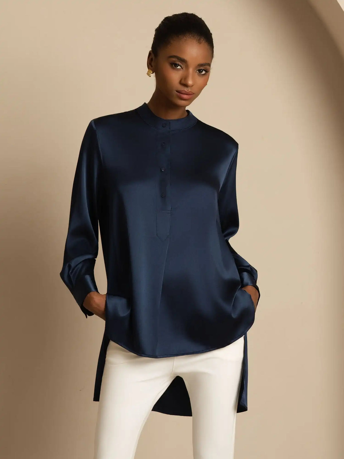 19Momme Silk Women’s  Stand Collar High-Low Blouse With Button Detail