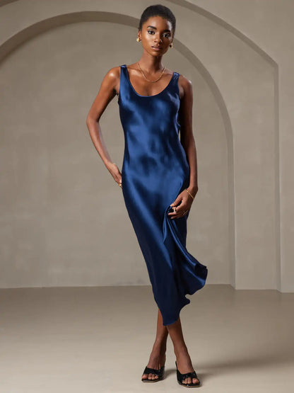 100% Mulberry Silk Sleeveless U Neck Midi Long Dress