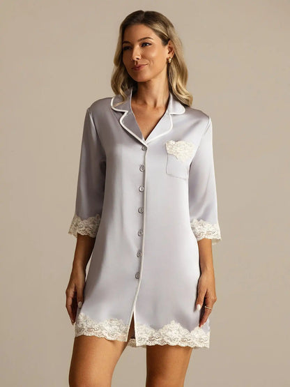 100% Mulberry Silk Button Up Nightshirt with Lace Design