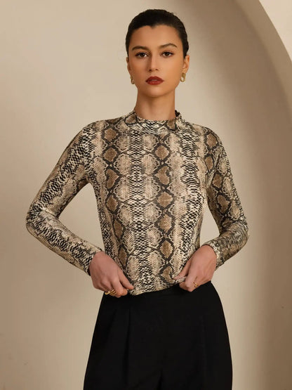 100% Mulberry Silk Wild Animal Print Women's Long Sleeve Mock Neck Top