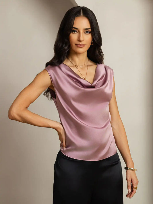 19Momme Silk Cap Sleeve Cowl Neck Women's Top