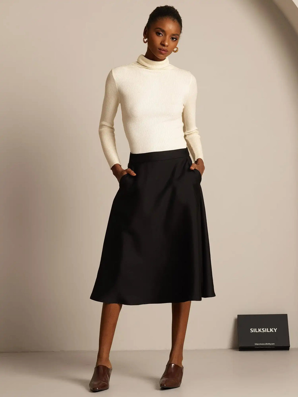 32Momme Silk-Wool Blend  A Line Midi Skirt with Zipper Deign