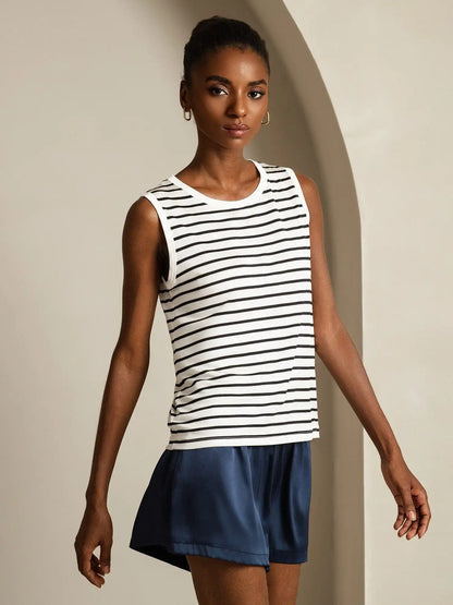 Women's 100% Mulberry Silk Round Neck Casual Stripe Print Tank Top