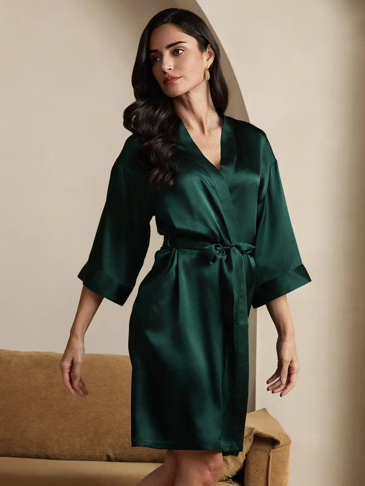 100% Mulberry Silk 3/4 Sleeve Women's Kimono Wrap Robe