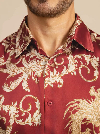 Pure Silk Men's Long Sleeve Lapel Collar Dragon Print Shirt