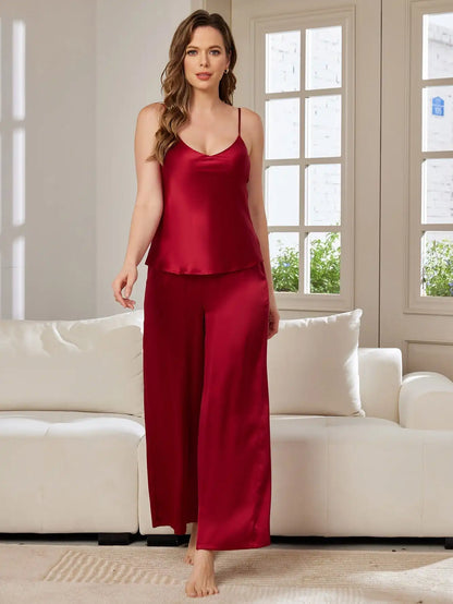 100% Mulberry Silk Spaghetti Strap V Neck Cami & Wide Leg Pants Pajama Set