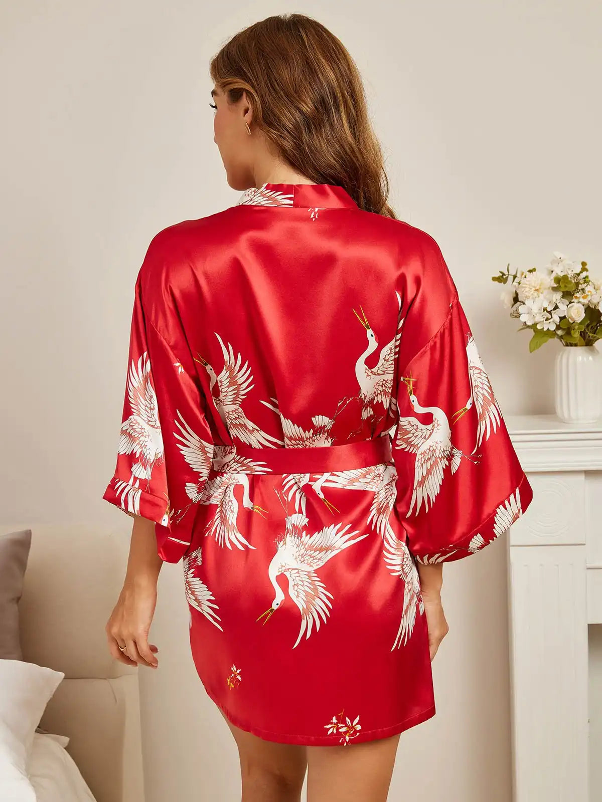 19Momme Women's 100% Mulberry Silk Crane Print 3/4 Sleeve Short Kimono Robe