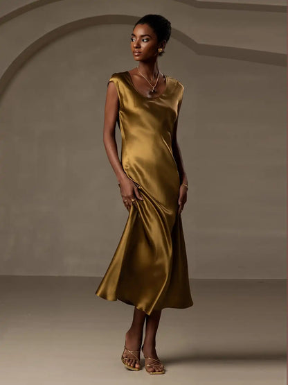 19Momme Silk Cap Sleeve Round Neck Midi Dress