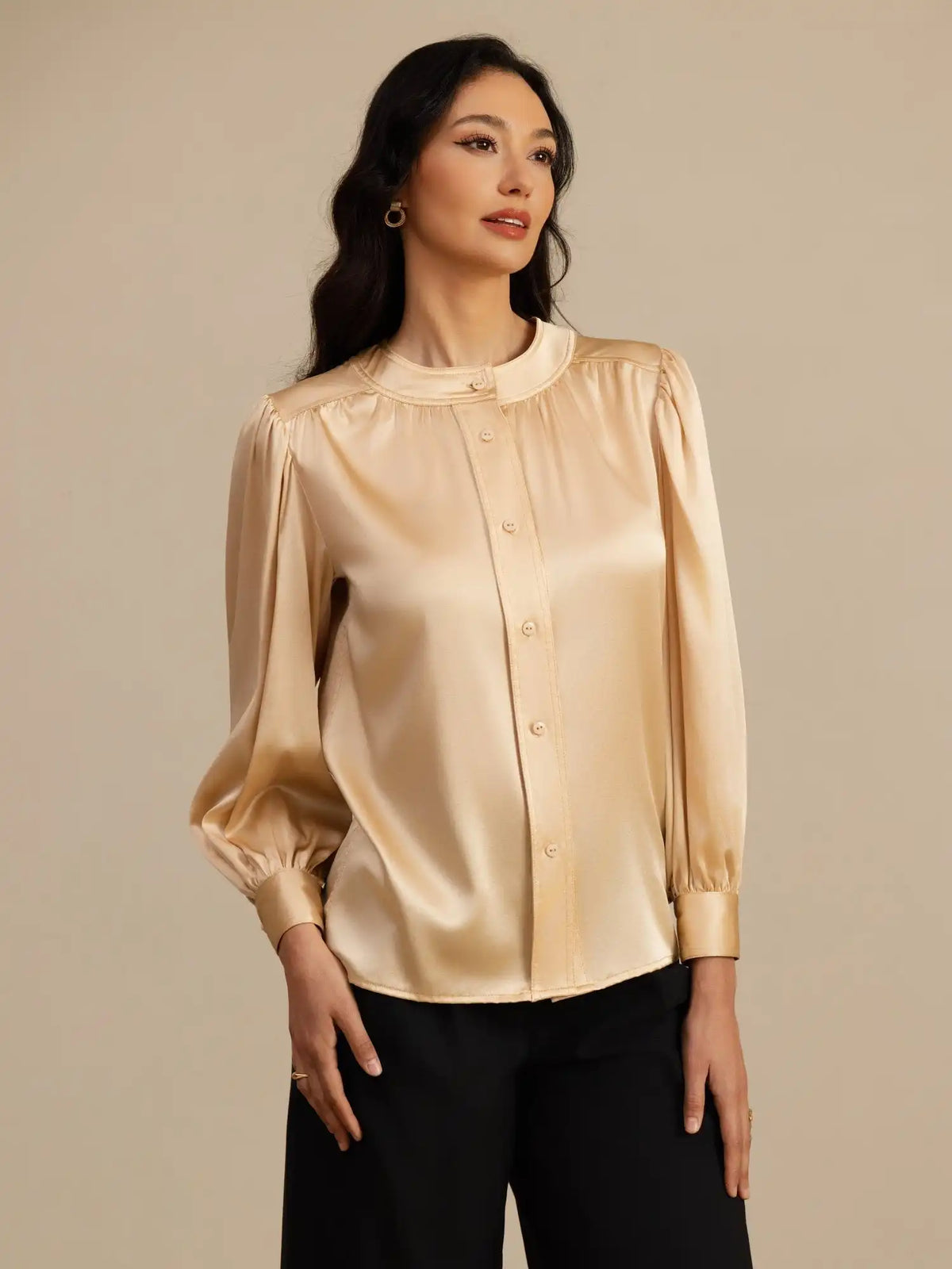 Clearance - 19Momme Silk Women's Round Neck Lantern Sleeve Blouse With Button Closure