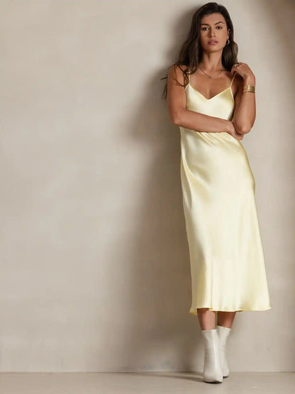 100% Mulberry Silk Spaghetti Strap V-neck Midi Nightgown