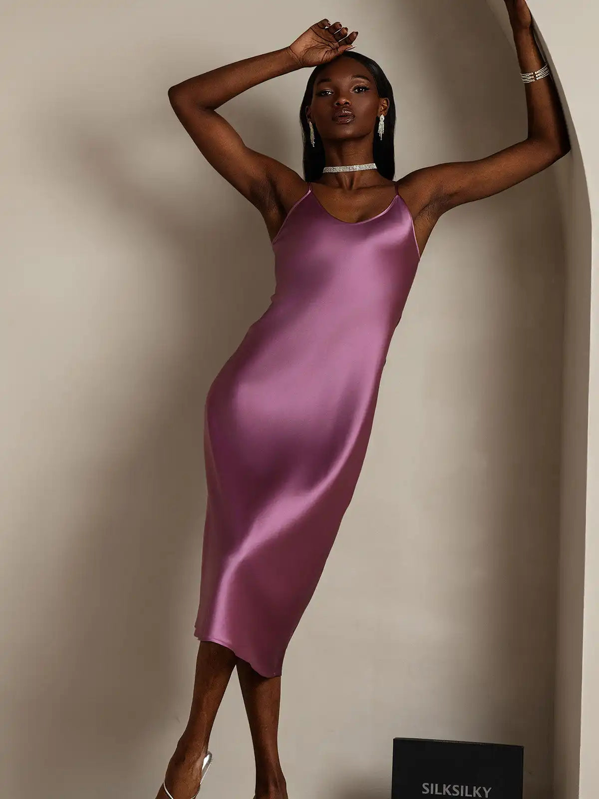 100% Mulberry Silk Spaghetti Strap V Neck Midi Dress