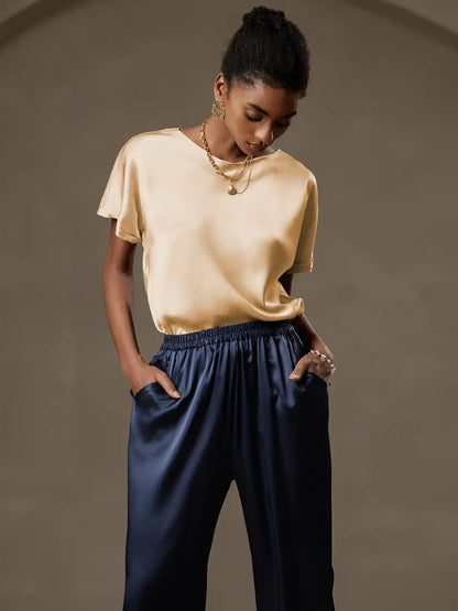 Clearance - 19Momme Silk Short Sleeve Boat Neck Cuffed Sleeve Women's T-Shirt