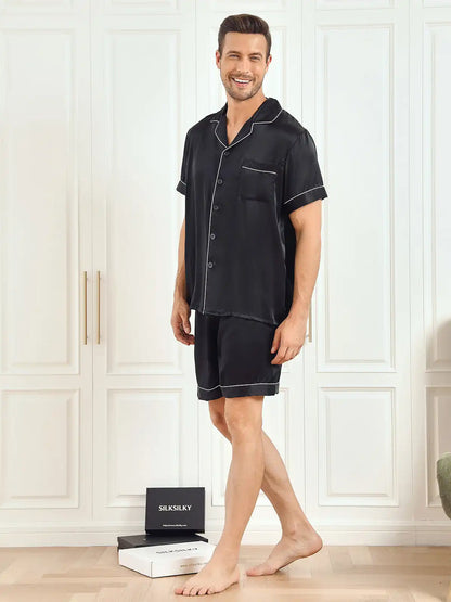 100% Mulberry Silk Short Sleeve Notch Collar Men's Pajamas Set with Shorts