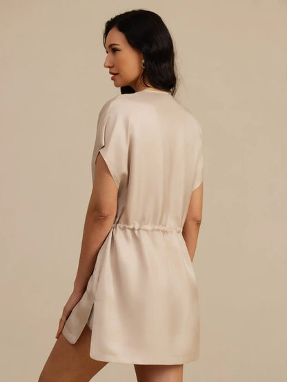 Clearance - 100% Mulberry Silk Henley Neck Cap Sleeve Short Dress With Drawstring