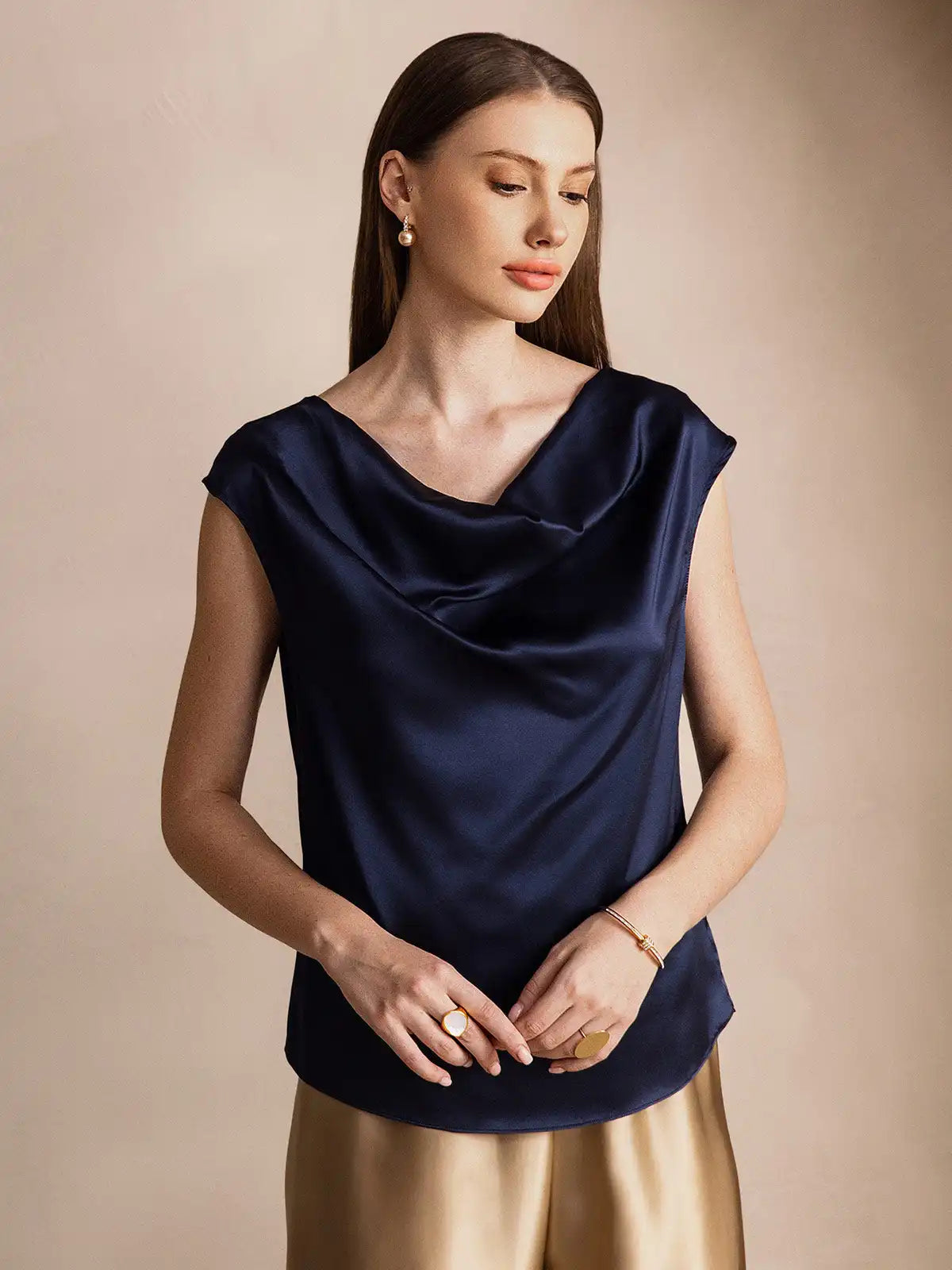 19Momme Women's Silk Cap Sleeve Cowl Neck Top