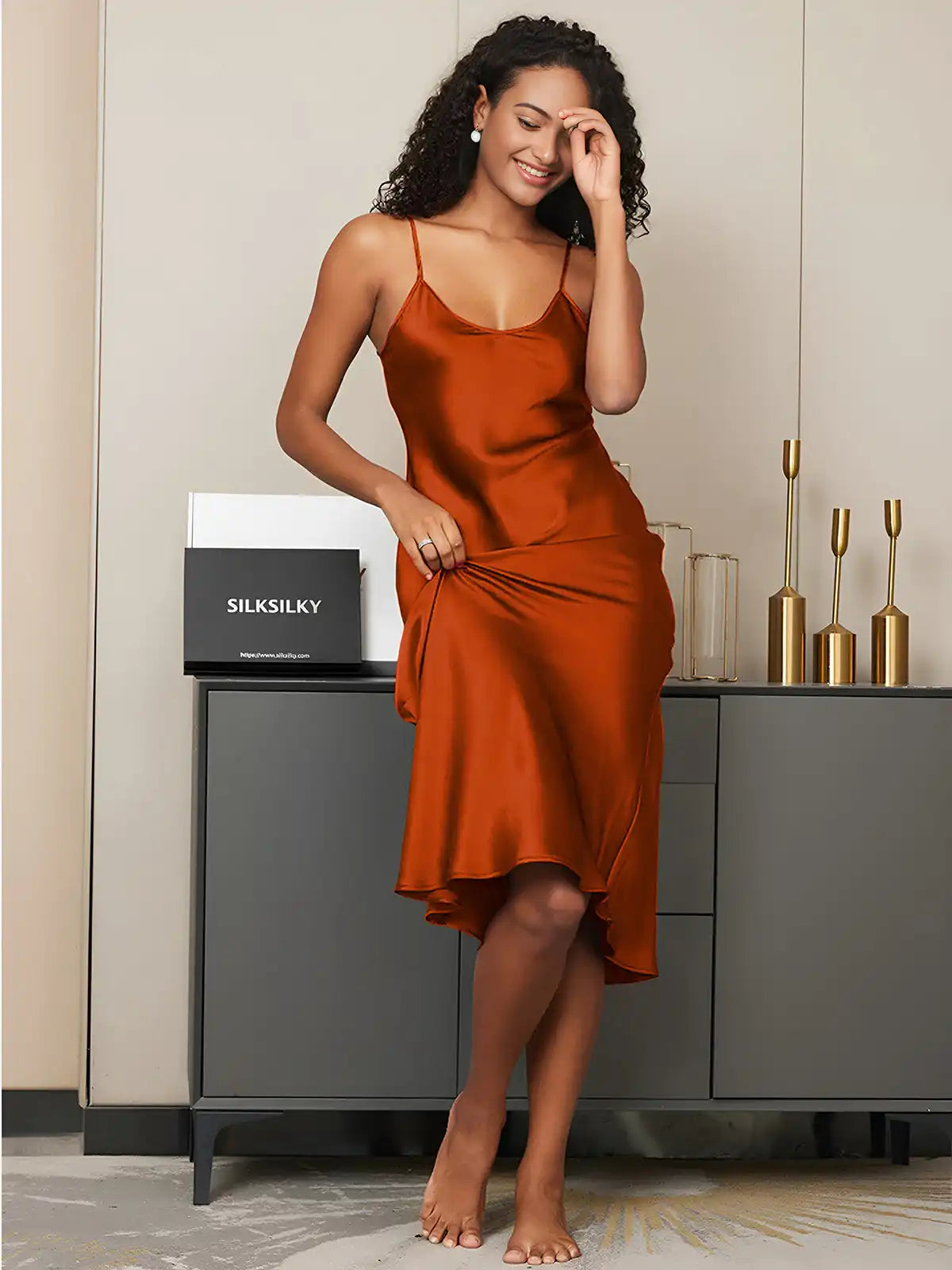Women's 100% Mulberry Silk Spaghetti Strap V-neck Midi Nightgown