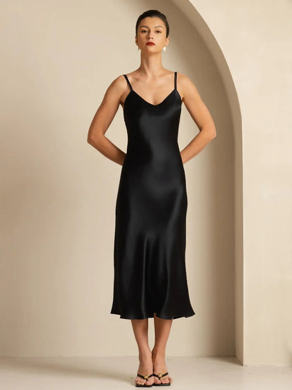 Pure Silk  V Neck Backless Spaghetti Strap Long Dress