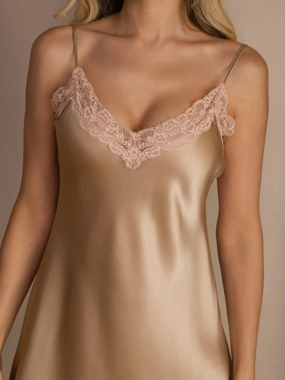 100% Mulberry Silk Elegant Slip Lace Trim V Neck Short Nightgown