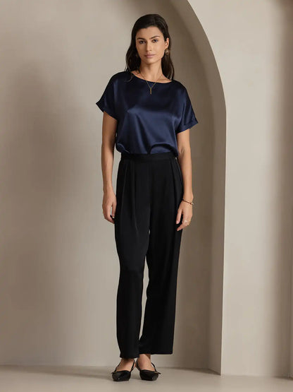 19Momme Silk Short Sleeve Boat Neck Cuffed Sleeve Women's T-Shirt